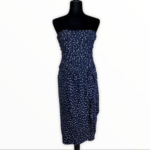 80’s Vintage Ruched Strapless Navy Polka Dot Dress